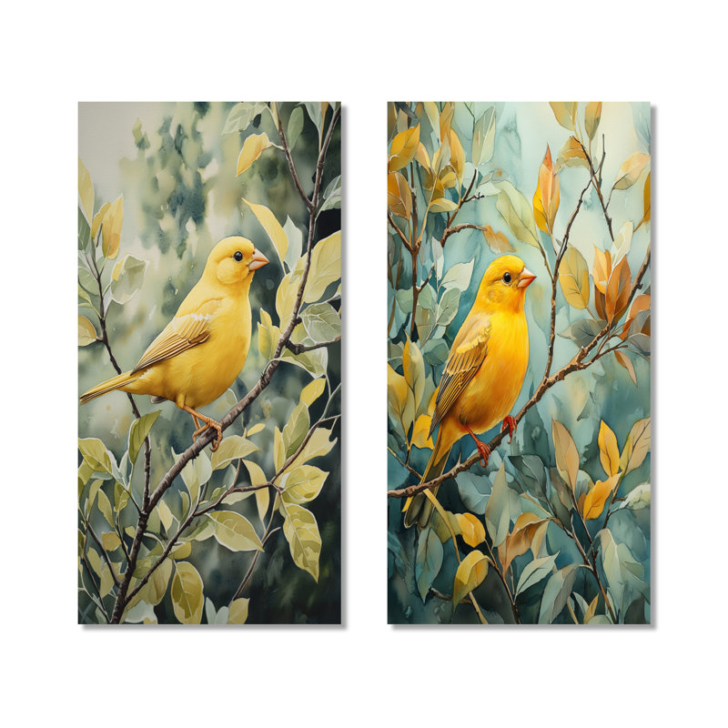 Golden Finch au printemps I - ensemble d'art mural en métal nature 2 pièces, 32" H x 32" W