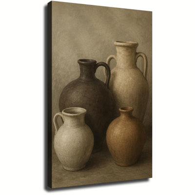 Canvas Wall Art, Four Rustic Ceramic Jugs Still Life Painting, Neutral Earth Tone Vintage Pottery Artwork Framed Wall Decor For Farmhouse Kitchen Dining Room