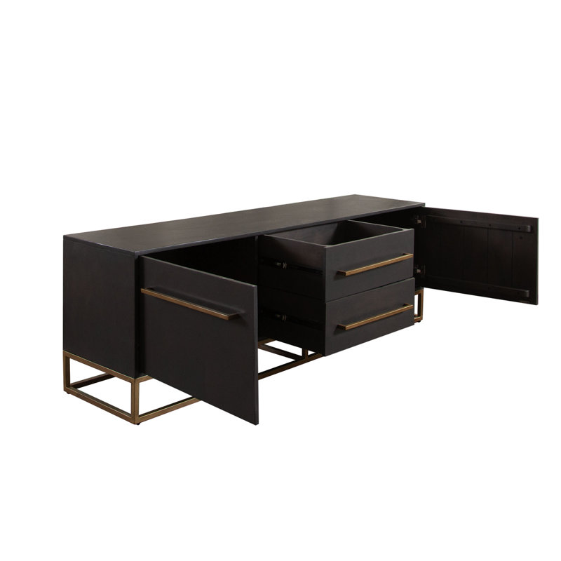Encore Solid Mango Wood 2-Door / 2-Drawer Entertainment Cabinet In Grey Oak Finish W/ Gold Metal Handle & Base