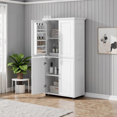 Tall and Wide Freestanding Bathroom Storage Cabinet with 4 Doors, Adjustable Shelves, Anti-Tipping Device, White - 31.3”L x 15.6”W x 62.3”H