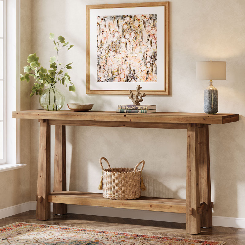 Console 63 po en bois massif Farmhouse, table d'entrée brun naturel avec tablette ouverte, table de canapé et table de canapé derrière le salon et le couloir