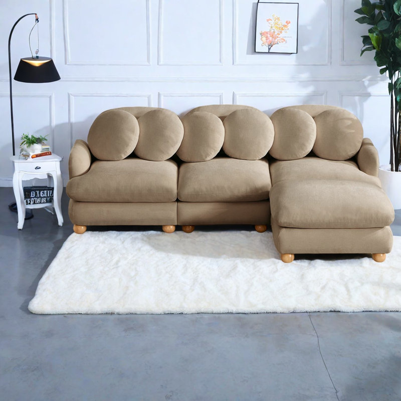 Canapé d'angle à compression, canapé 4 places en chenille avec pouf, canapé moderne à structure en bois, Beige 2