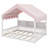 Wooden Floor House-Shaped Daybed With Fense,3 Storage Bookshelves,Curtain And LED Light-1956932676