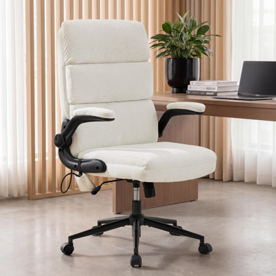 Chaise de bureau ergonomique, chaises de bureau de direction à haut dossier avec support lombaire réglable, chaise d'ordinateur en tissu de chenille avec accoudoirs rabattables et roues pivotantes pour le bureau (blanc)