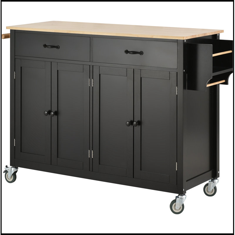 Kitchen Island Cart with Solid Wood Top and Locking Wheels, Black