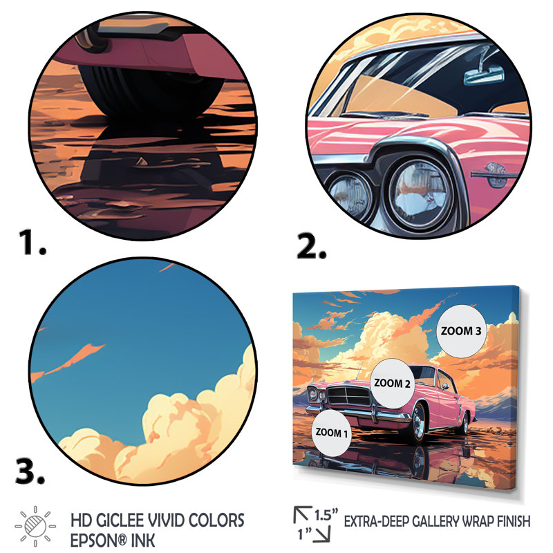 «Rose Cadillac Car At Sunset II - Car Muscle Car», art mural, Cadre flottant noir, H 24 po x l 32 po x P 1 po