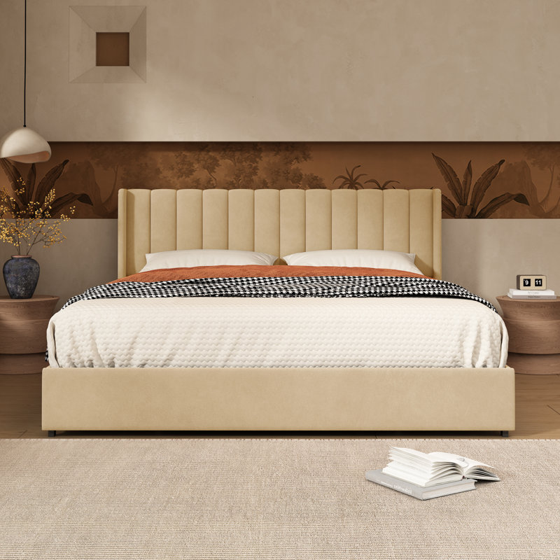 Jeilyn Upholstered Platform Drawer Storage Bed, Pale Gold, King
