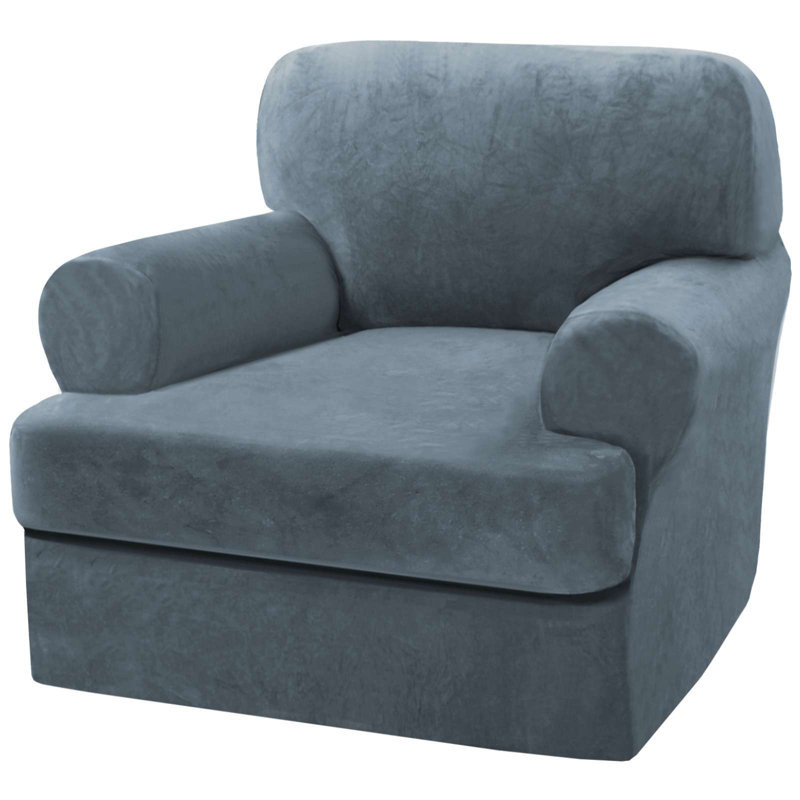 Housse pour fauteuil en velours avec coussin en T et housse de canapé 1 T pour le salon Lavable à la machine, Bleu pierre