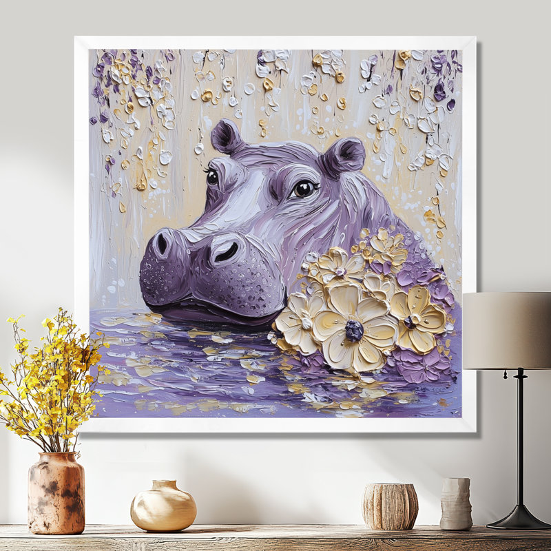 Lavande, hippopotame, pâture, les prés II - Hippopotame, impression d'art mural, H 30 po x l 30 po, Blanc