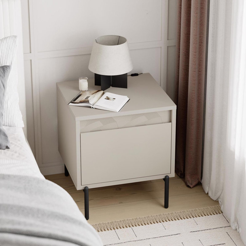 Mott 1 Drawer Nightstand Bedside Cabinet Sandstone with Black Metal Legs
