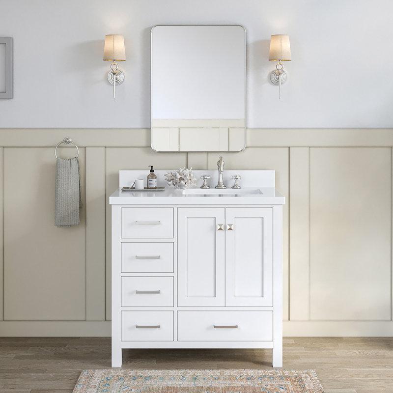 Cambridge 37'' W Single Vanity, White, Pure White Quartz, Rectangular