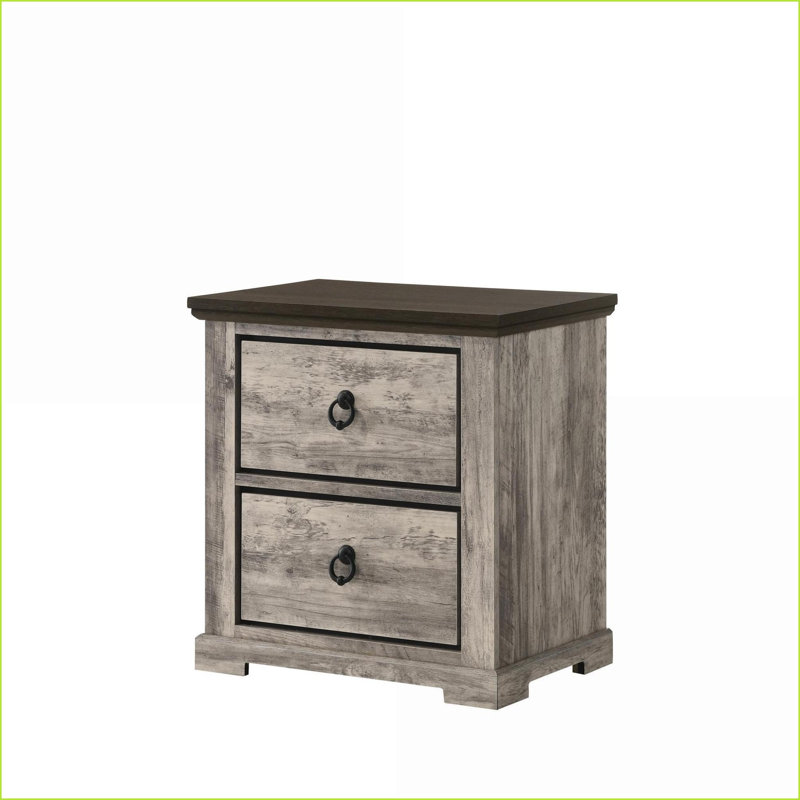 Contemporary Rustic Gray Two-Tone 2-Drawer Nightstand with Metal Knobs