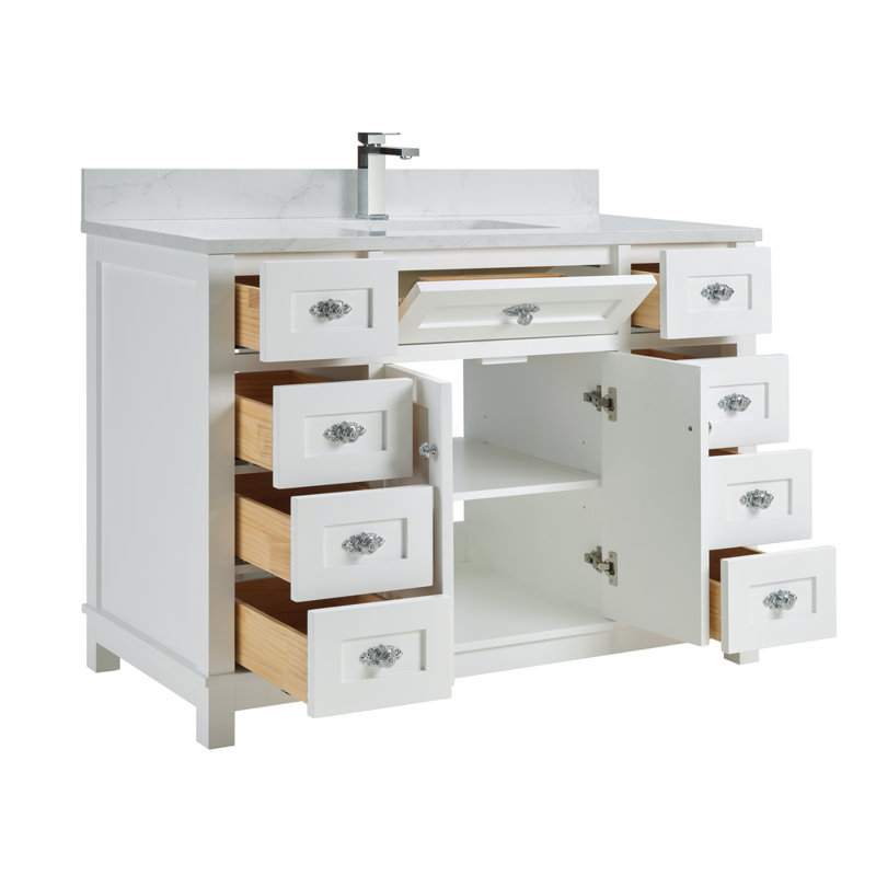 48" Solid Wood Sink Vanity With 1' Artificial Stone Top, Polished Chrome, White