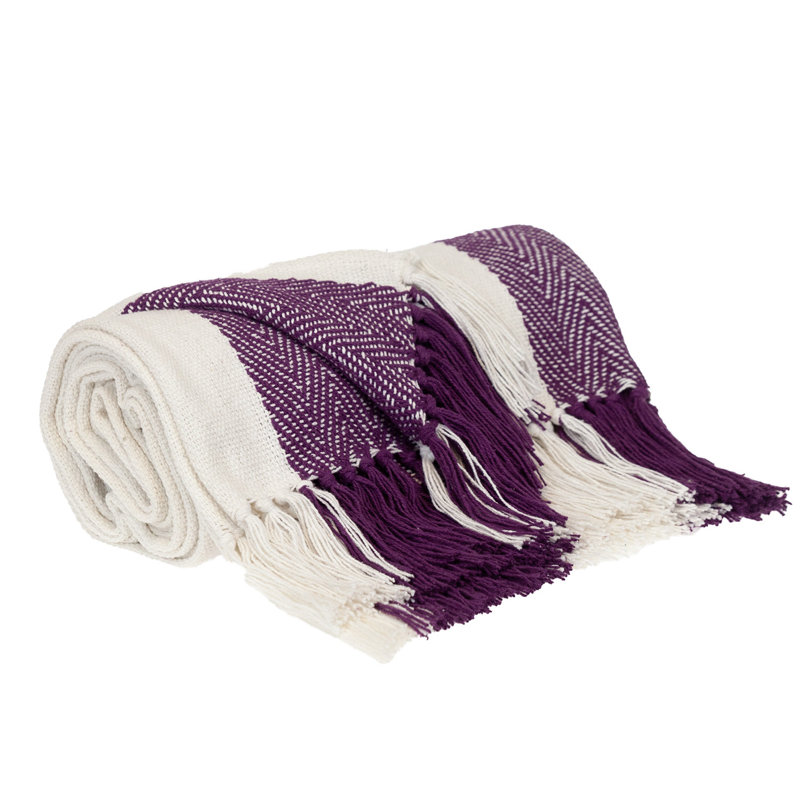 Jeté rayé en coton tissé, Rayé mauve / blanc