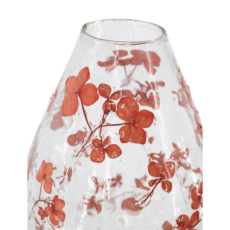D6x9.1 "Vase rond en verre transparent avec motif de fleur rouge fantaisiste