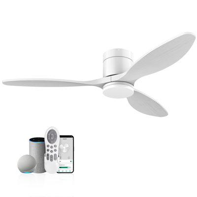 52" 3-Blade Smart Wood Flush Mount Ceiling Fan with LED Light, Remote, Alexa/Google, Quiet DC Motor, Indoor/Outdoor