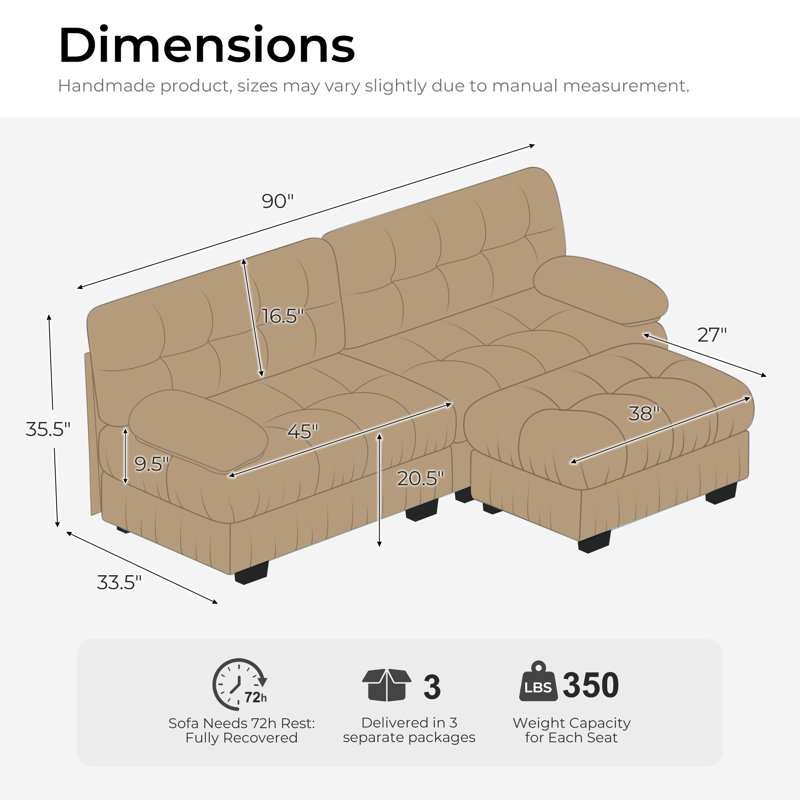 Modular Sectional Couch With Ottoman, 3-Seater Modern L-Shaped Sofa Couches, Comfy Chenille Sofa-Brown, Brown Chenille