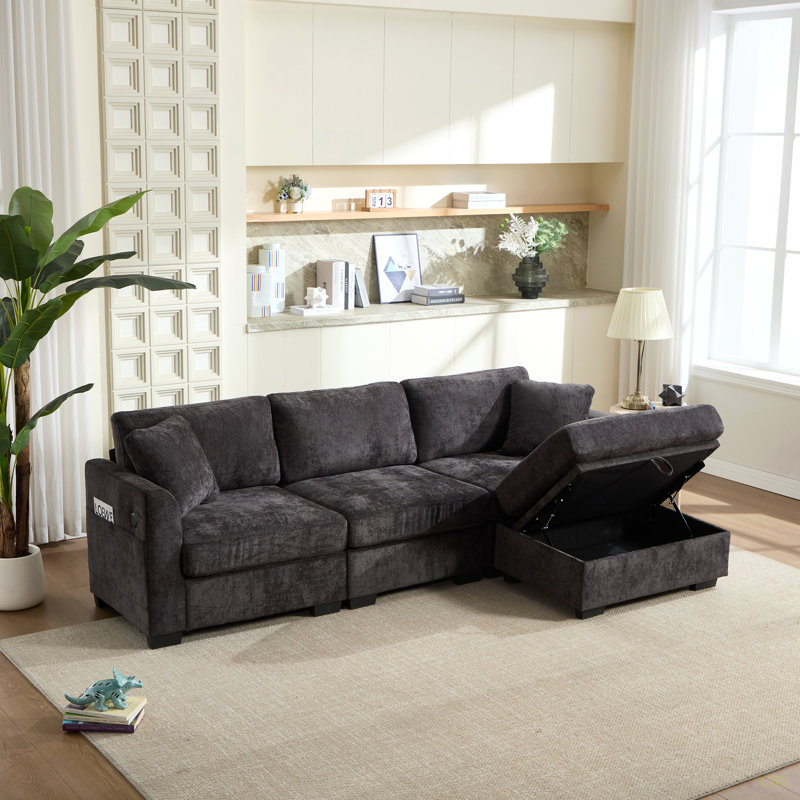 Canapé de rangement moderne avec double port USB, 2 poches latérales, banc de rangement avec repose-pieds, canapé modulaire en chenille surdimensionné, canapé en L surdimensionné à 4 places