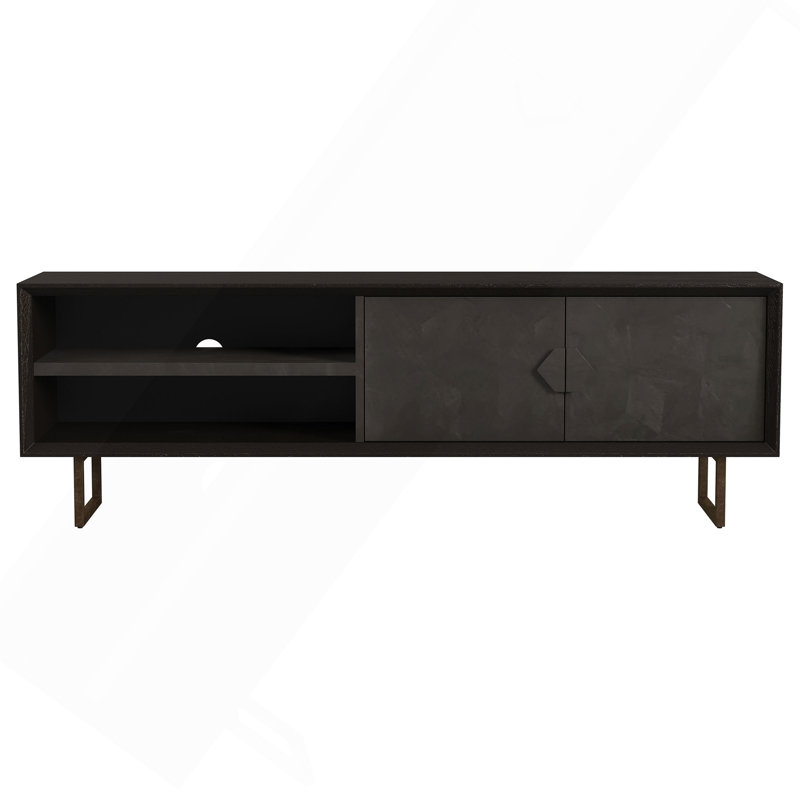 Meuble télé moderne à 2 portes noir anthracite avec tablettes ouvertes et rangement caché, parfait pour les espaces de divertissement organisés