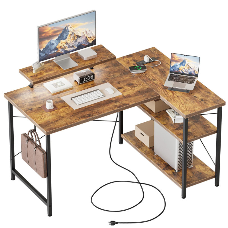 L-Shaped Metal Base Computer Desk, Brown/Black
