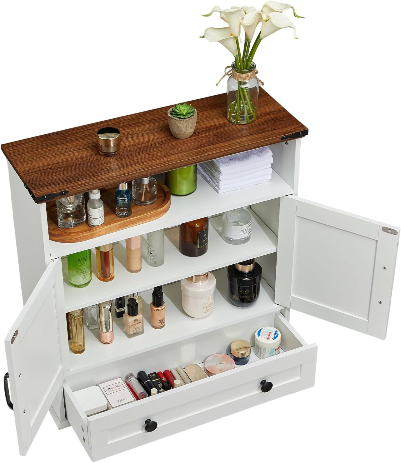 August Grove® Wall Mounted Medicine Cabinet with Adjustable Shelves, Double Barn Doors & Removable Drawer - Rustic Bathroom over Toilet Storage Cabine