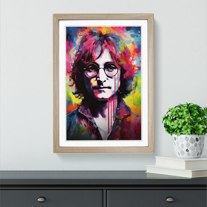 John Lennon Abstract - Single Picture Frame Print on Wood, Oak Framed, 46cm H x 34cm W x 2cm D