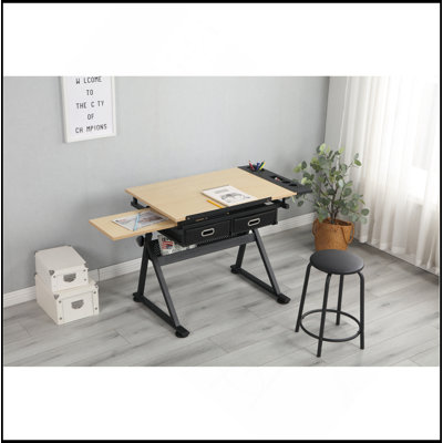 Bureau de dessin réglable avec 2 tiroirs pour bureau à domicile et école avec tabouret (bois)