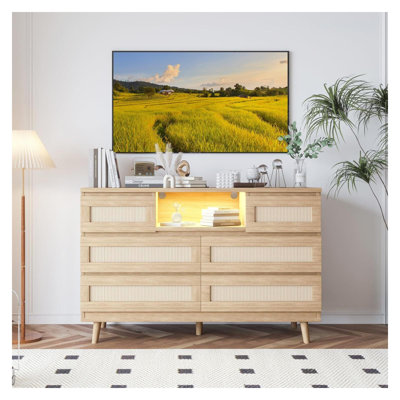 6 Drawer Natural Rattan Dresser With RGB LED Lights And Charging Station，Stylish Bohemian Design For Bedroom,Living Room,Nursery & Closet，Black