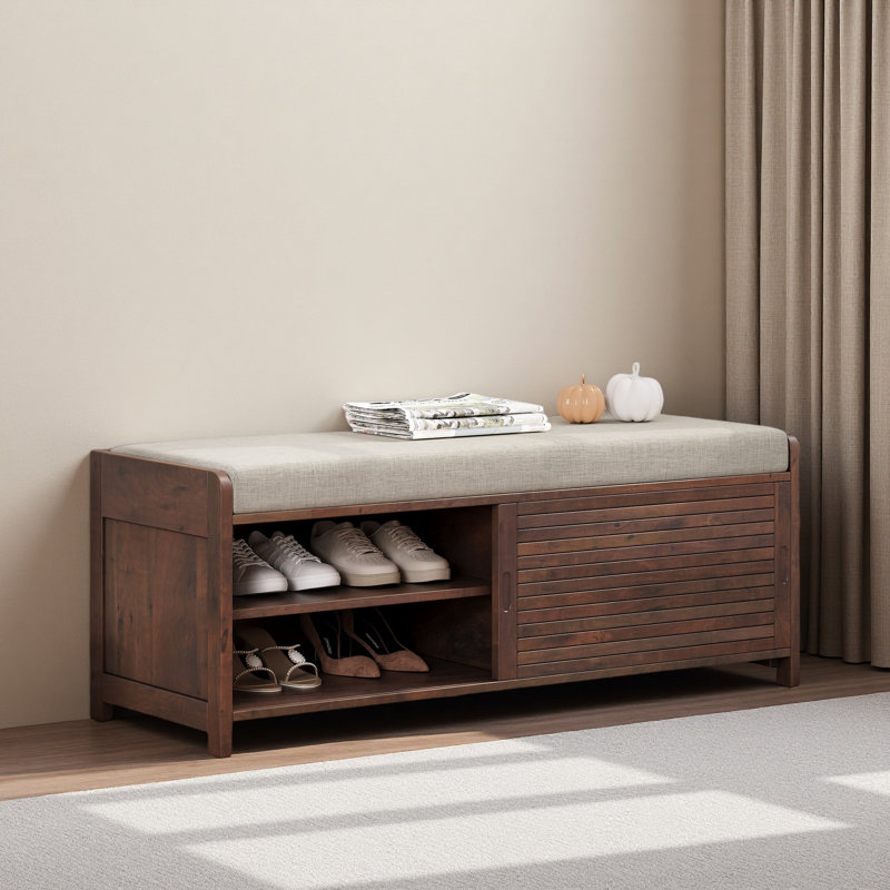 Shoe Bench With Storage And Cushion, Distressed Shutter Storage Bench With Retro Charm For Living Room, Espresso