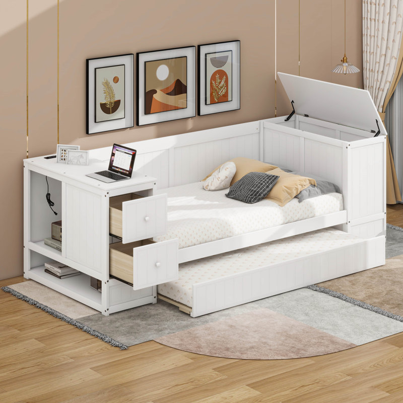 Maximisez l'espace avec un lit de jour simple, des accoudoirs de rangement et un lit gigogne avec station de charge, Blanc