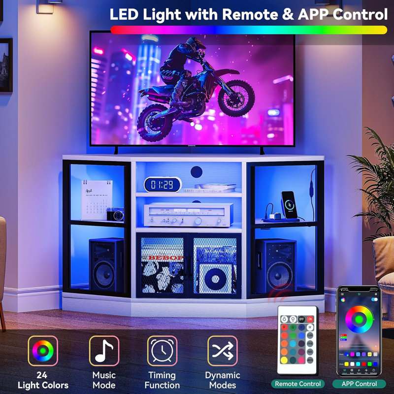 Corner TV Stand With LED Lighting And Built-In Power Outlet, Space-Saving Hexagonal Design, Modern Media Console For Living Room