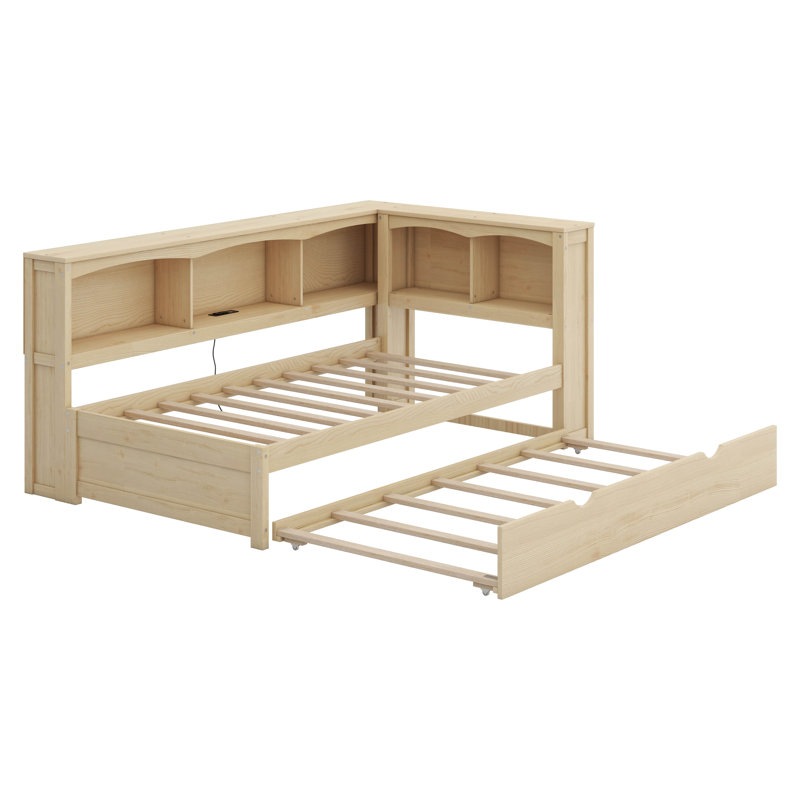 Twin Size Daybed With Trundle, L-Shaped Bookcase, Wood Sofa Bed Frame With Storage Cabinets And USB Ports, Wood