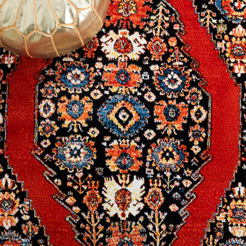Tapis rétro rouge / noir Hamadan 265, Rectangle 2 pi 7 po x 5 pi