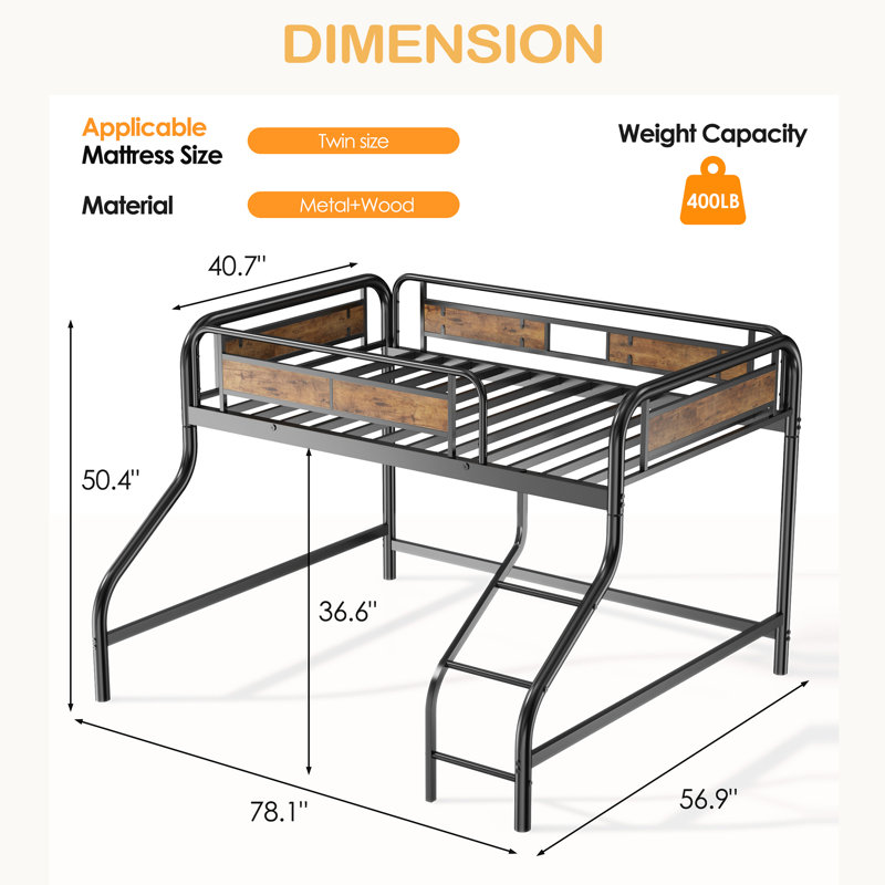 Lit mezzanine bas simple, avec escalier et garde-corps, lourd, peu encombrant