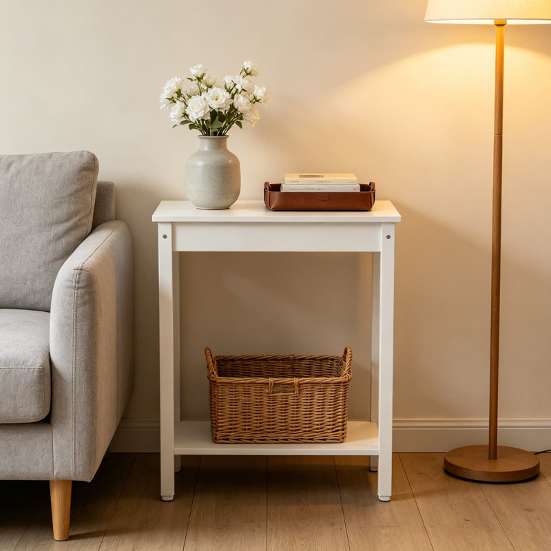 Petite console blanche avec tablette, porte étroite étroite pour un couloir, un vestibule, une rallonge de canapé derrière le canapé ou un comptoir de cuisine