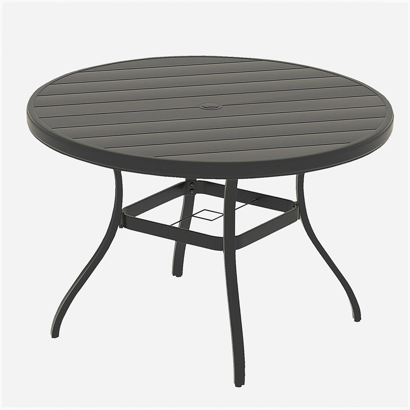 Outdoor Round Patio Dining Table for 6-7, All Weather Metal Dining Table with Umbrella Hole for Deck Lawn Garden Backyard, Sandstone Color