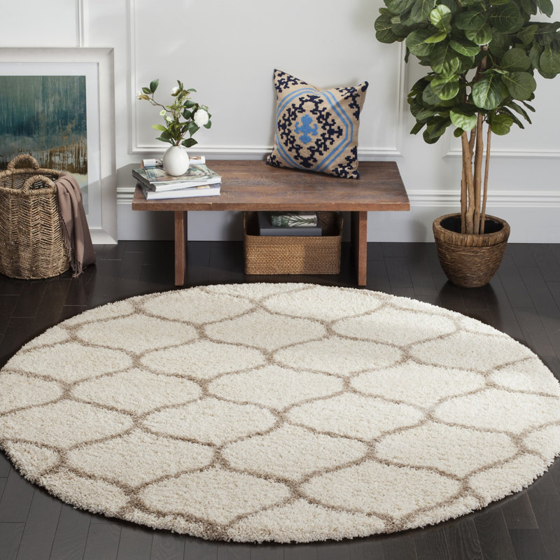 Tate Hudson Shag Performance Geometric Rug, Round 11', Ivory/Beige