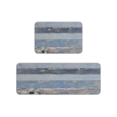 Blue Gray Distressed Wood Kitchen Mats, Set Of 2 Coastal Rugs For Kitchen & Bathroom
