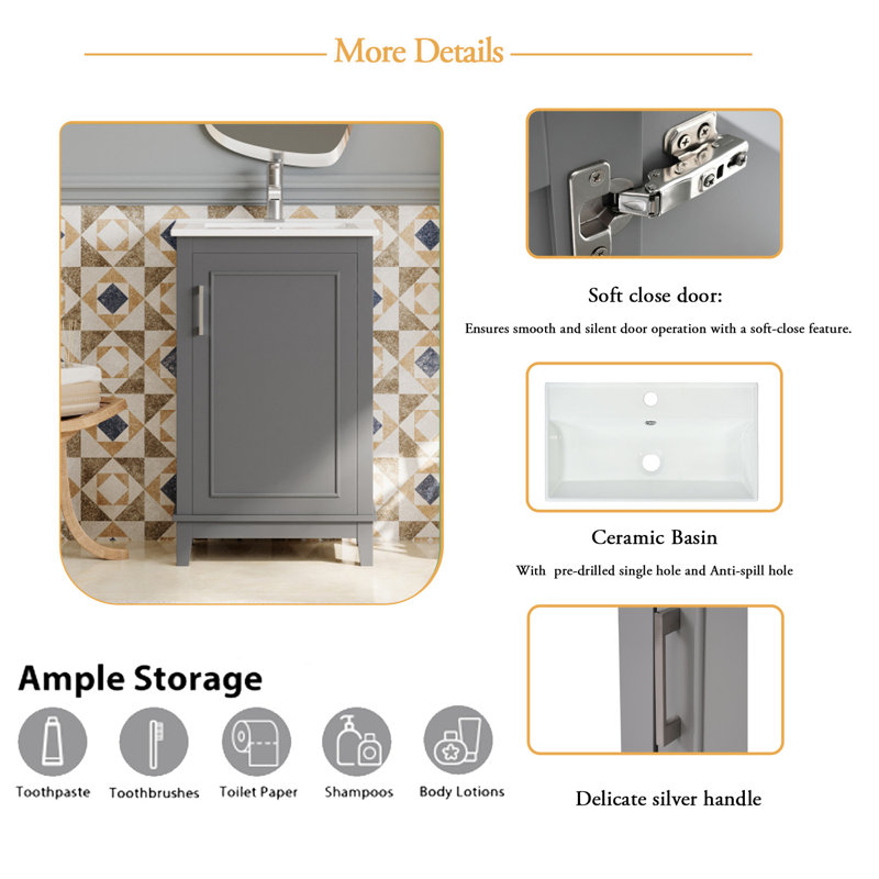 Meuble-lavabo simple 20 po avec plateau Makayla, Gris
