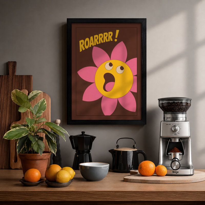 Cheerful Roaring Flower Cartoon - Framed Print, A2 - 59.4 x 42.0 cm, Black