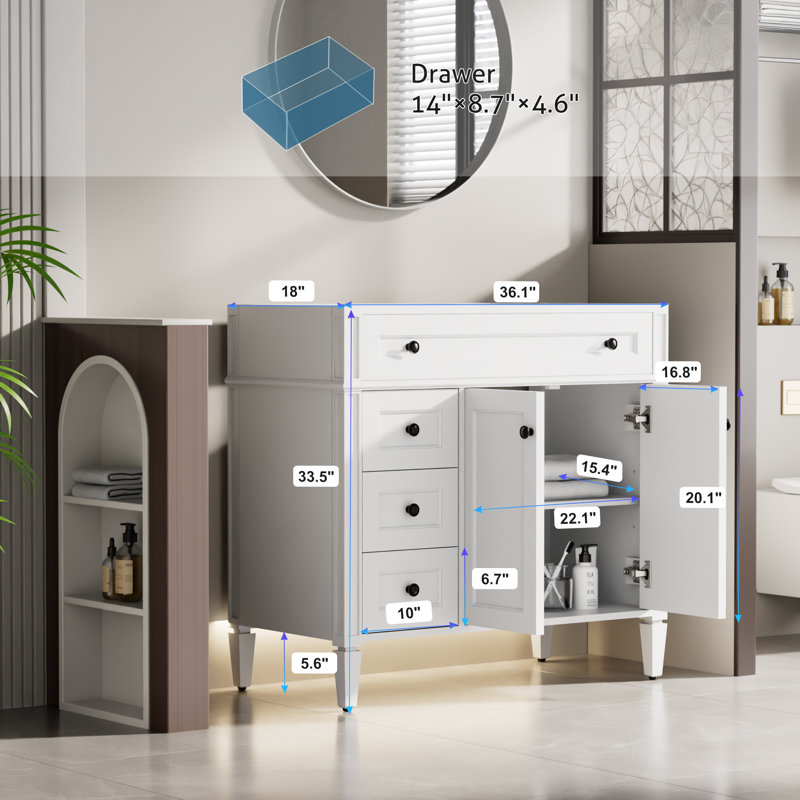 Base de meuble-lavabo simple 36 po Mid-Century moderne seulement, lavabo non inclus