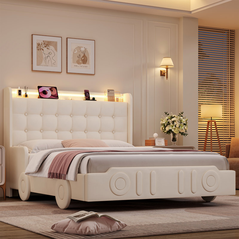 Lit rembourré à DEL avec tête de lit en velours capitonné, Crème, Double
