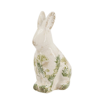 Sitting Rabbit Tabletop Figurine 5.1 by 3.7 by 8.1 Inches White Glazed Ceramic With Green Botanical Print Distressed Decorative Statue for Shelf Mantel Easter Home Display