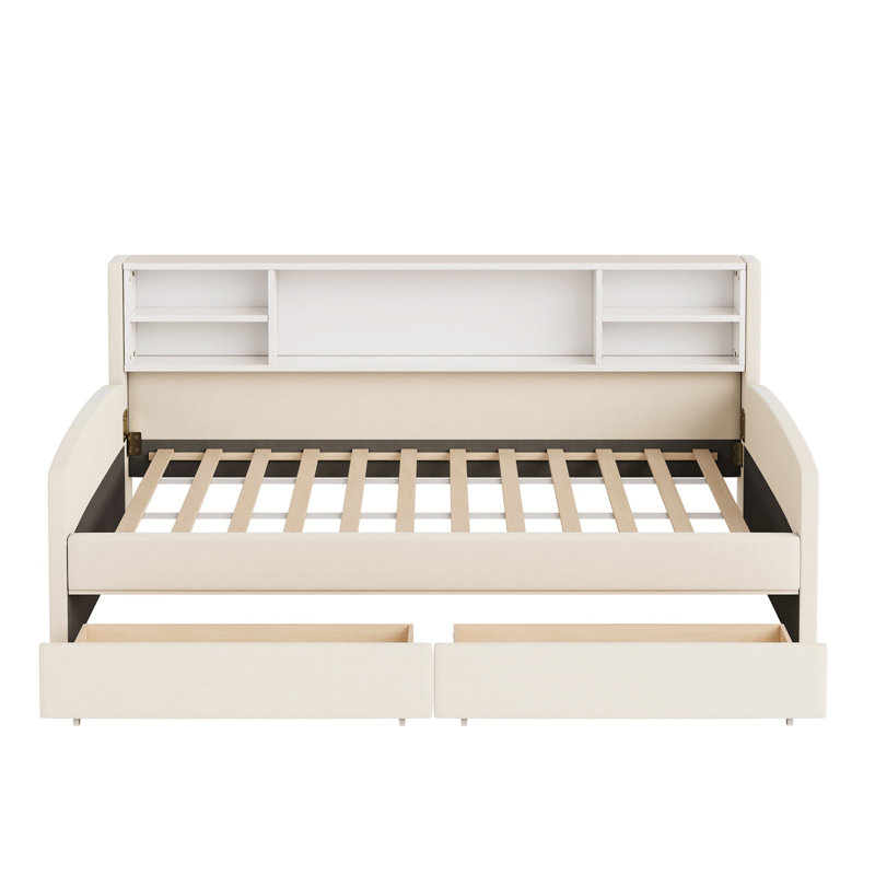 Lit plateforme tapissier simple avec rangement et tiroirs intégrés