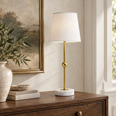 18" Cordless Marble Table Lamp with Rechargeable Magnetic LED Light, Dimmable Brass Accent Lamp with Linen Shade