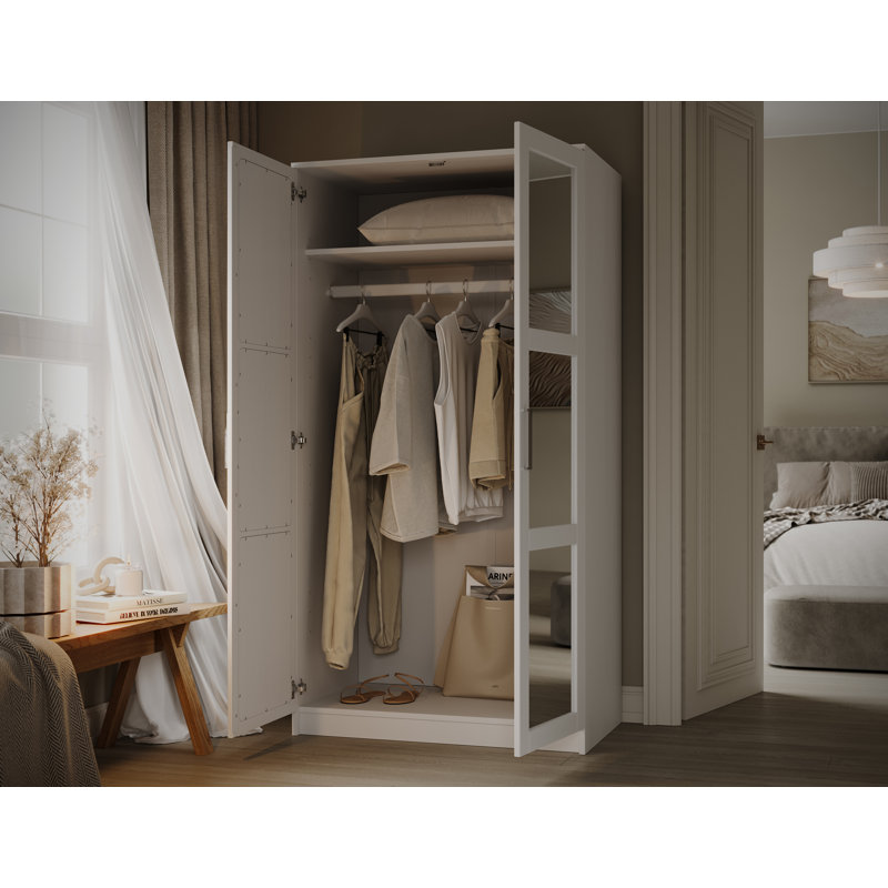 100% Solid Wood 2-Door Mirrored Wardrobe Closet Armoire, Freestanding Bedroom Closet Storage Cabinet with Full-Length Mirror, Hanging Rod & Adjustable Shelves