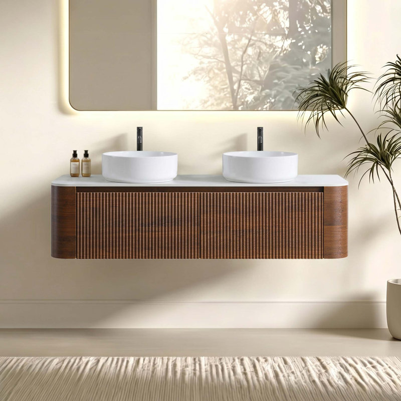 Meuble-lavabo double lavabo incurvé Erba, fini noyer