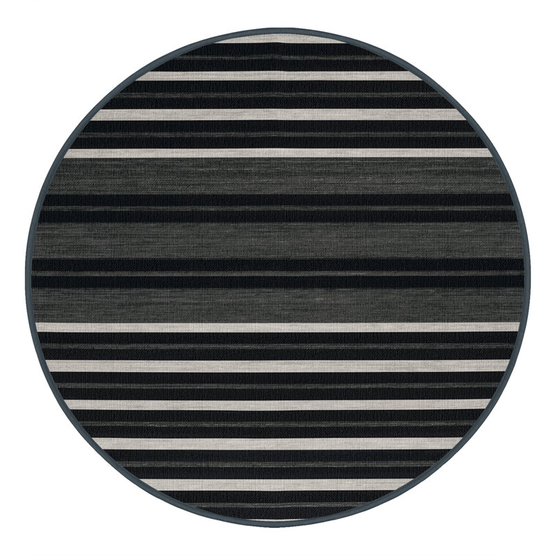 Tapis noir à rayures horizontales lavable à la machine, Rond 7 pi