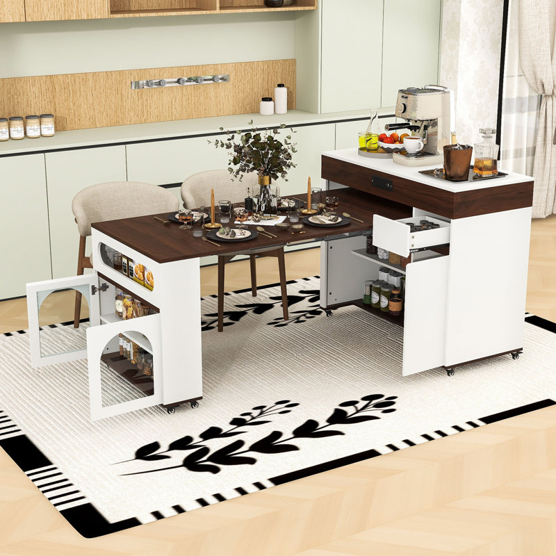 Extendable Kitchen Cart with Folding Top, Dining Table, Built-In Power Outlet and Locking Casters, White/Walnut Wood