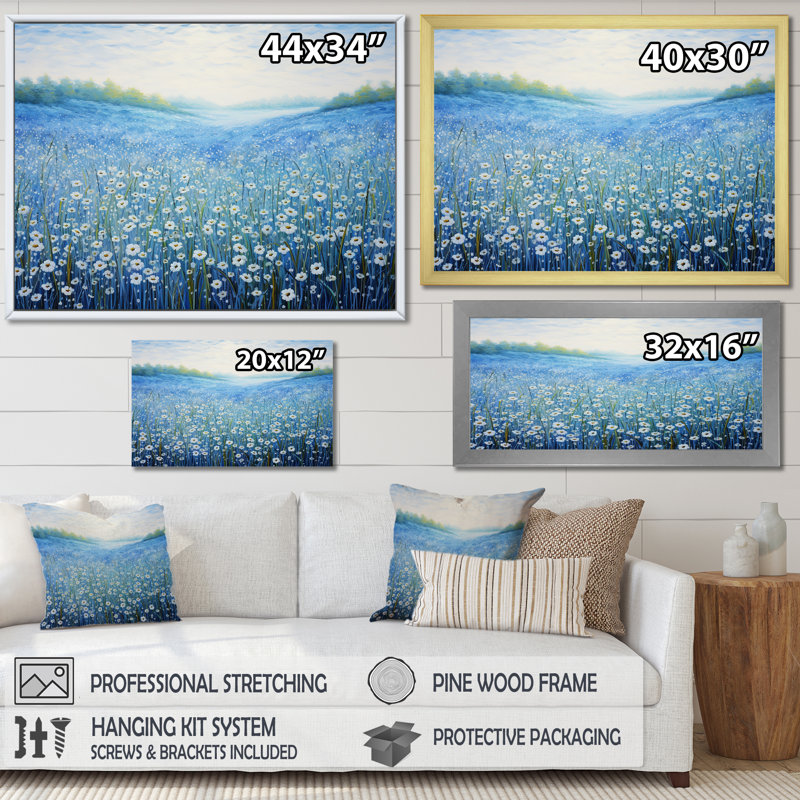 «Serene Azure Flowers Field» sur impression sur toile, H 16 po x l 32 po x P 1 po, Cadre flottant doré